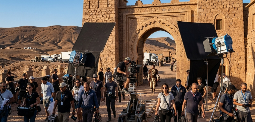 A wide, eye-level behind-the-scenes photograph of an active, bustling film production set in a sunny desert landscape. In the center foreground, an operator sits on a heavy-duty camera dolly tracking system, pointing a large cinema camera toward a historic, massive mud-brick fortified gate with an intricate Moroccan-style archway. An actor in period costume stands inside the archway. The scene is heavily populated by technical crew members, production staff, and fixers wearing lanyards and carrying equipment. Flanking the camera position on both sides are large, professional blue ARRI HMI studio lights mounted on tall C-stands with massive black flags attached to control the harsh sunlight. In the background, modern white production trucks and support vehicles are parked near rolling desert hills.
