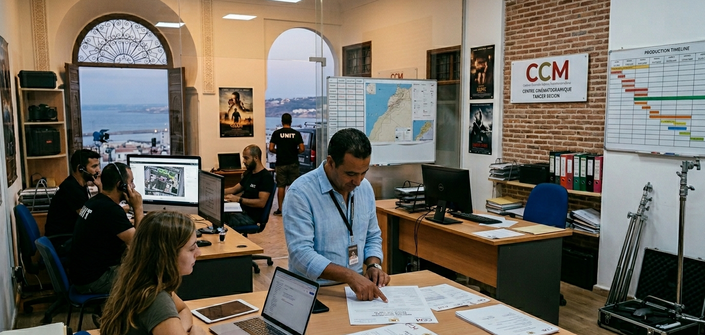 A busy, professional film production office interior. In the center foreground, a man in a light blue button-down shirt points at paperwork on a wooden desk next to a woman reviewing a laptop. Behind them, several production crew members in black t-shirts work at computer workstations equipped with headsets. The right wall features an exposed brick accent with a sign reading "CCM Centre Cinématographique Marocain Tangier Section," alongside a large "Production Timeline" chart. Whiteboards with maps and scheduling grids are visible in the background. Large open archways on the left and center reveal an expansive outdoor view of a coastal city and blue harbor under an evening sky.
