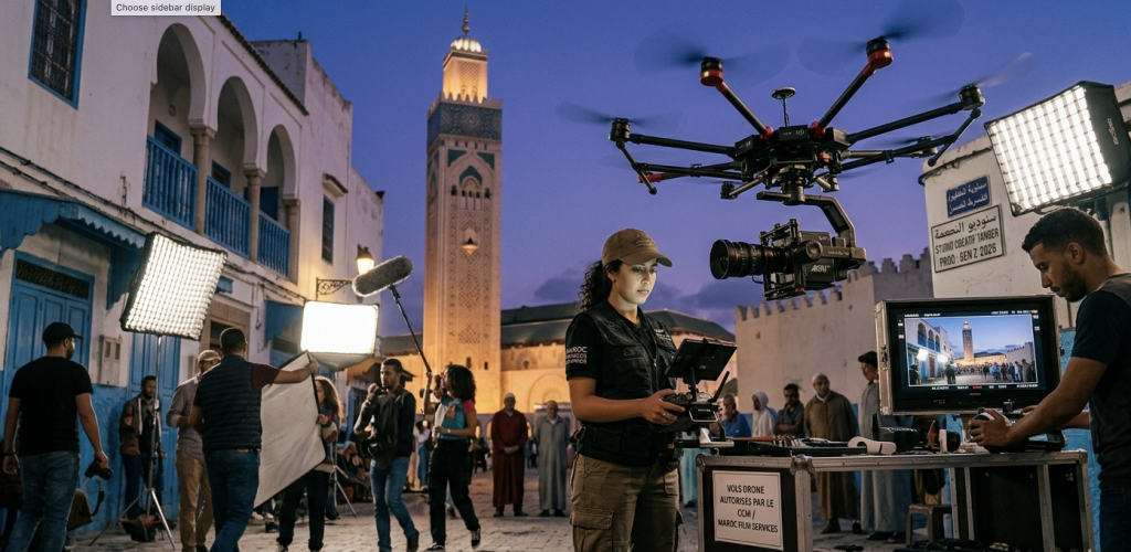 A low-angle, behind-the-scenes photograph on an active film set at twilight. In the center, a female drone operator wearing a tan cap and a black utility vest monitors a handheld remote control. Hovering just to her right is a large black professional heavy-lift drone carrying a cinema camera rigged on a stabilizing gimbal. To the far right, a crew member adjusts a large production monitor showing the live camera feed. On the left side of the cobblestone street, crew members adjust white diffusion panels and softbox lighting rigs. In the background, locals look on against a deep blue dusk sky dominated by a massive, intricately detailed, warmly illuminated historic mosque minaret. A sign on the equipment case reads "Vols Drone Autorisés par le CCM".
