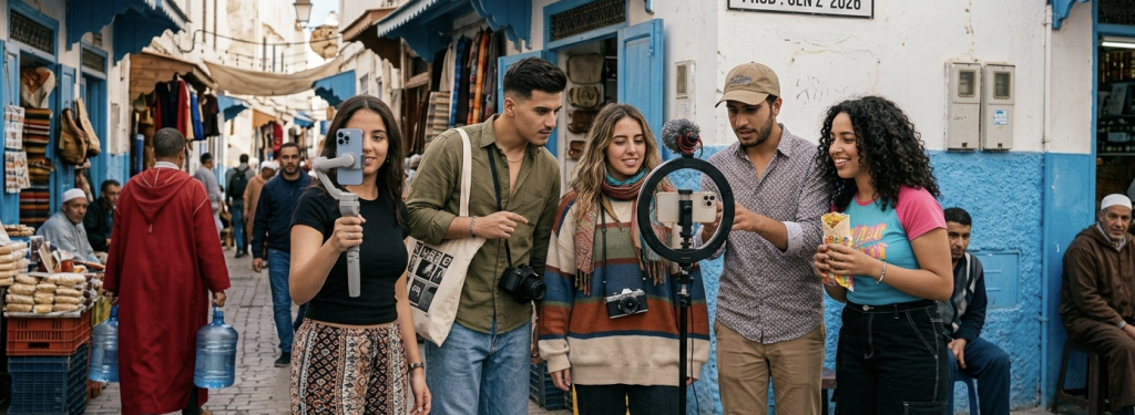 A wide, eye-level photograph of five young men and women collaborating on digital content creation in a vibrant, narrow street. The location features white-washed walls with distinct blue doors and trims characteristic of Moroccan cities like Chefchaouen or Tangier. On the left, a young woman holds a smartphone mounted on a handheld gimbal stabilizer to vlog. In the center and right, the other creators gather around a smartphone rigged inside a portable ring light with a fuzzy shotgun microphone. One woman holds a local street food wrap while smiling at the camera rig. In the background, local residents walk through the alley past a street vendor's stall stacked with traditional goods.