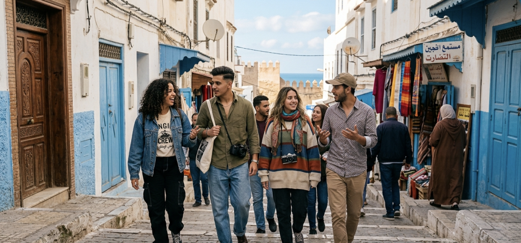 A wide, eye-level photograph of a diverse group of young men and women walking down a cobblestone street. The setting is a traditional Moroccan old town, or medina, featuring white-washed buildings adorned with vibrant blue doors, shutters, and lower trim. The friends are dressed in casual attire—jeans, sweaters, a denim jacket, and canvas tote bags—with cameras slung around their necks, talking and laughing as they walk toward the camera. On the right, local shops display colorful textiles and garments, and residents walk down the alleyway. In the background, the street opens up to reveal a historic stone fortress wall with crenellations, framing a view of the blue ocean under a bright sky.
