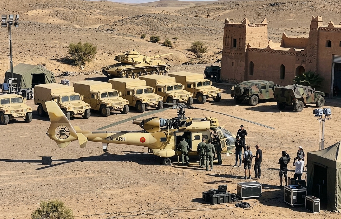 A high-angle shot of a film production set designed as a military encampment in a dry, rocky desert terrain. In the foreground, a light-tan military helicopter with the registration "CN-ARH" and a red roundel emblem sits on the dirt ground, surrounded by individuals in flight suits and film crew members. Behind the helicopter is a line of tan Humvee-style military transport vehicles, a desert-camo battle tank, and two green camouflage tactical vehicles parked near a traditional mud-brick Kasbah-style building. Production tents, heavy-duty gear cases, and tall studio lighting rigs are visible on the perimeter of the set.