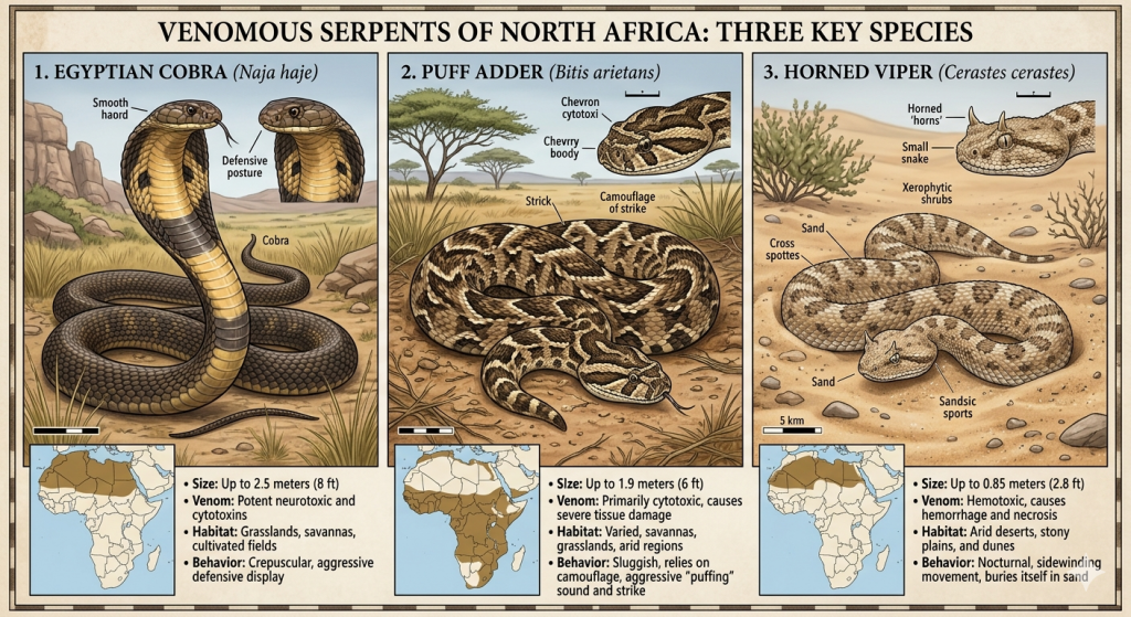 A three-panel infographic chart titled "VENOMOUS SERPENTS OF NORTH AFRICA: THREE KEY SPECIES" displaying detailed illustrations and text profiles for three snakes: Egyptian Cobra (Naja haje): Illustrated rearing up in a defensive posture with a flared hood showing dark markings. A side profile shows its smooth head. The background is a grassy landscape. A map highlights North Africa. Bullet points list: Size up to 2.5 meters (8 ft); Venom is potent neurotoxic and cytotoxins; Habitat includes grasslands, savannas, and cultivated fields; Behavior is crepuscular with an aggressive defensive display. Puff Adder (Bitis arietans): Illustrated coiled on dry grass in a savanna landscape with acacia trees. Labels point out chevron body markings and a camouflage pattern. A close-up highlights the head shape. A map highlights most of Sub-Saharan Africa and parts of North Africa. Bullet points list: Size up to 1.9 meters (6 ft); Venom is primarily cytotoxic causing severe tissue damage; Habitat is varied savannas, grasslands, and arid regions; Behavior is sluggish, relying on camouflage, with an aggressive "puffing" sound and strike. Horned Viper (Cerastes cerastes): Illustrated coiled on desert sand surrounded by sparse xerophytic shrubs. Labels point to its horned head and cross-spotted pattern. A close-up focuses on its distinctive eye horns. A map highlights the Sahara desert region of North Africa. Bullet points list: Size up to 0.85 meters (2.8 ft); Venom is hemotoxic, causing hemorrhage and necrosis; Habitat includes arid deserts, stony plains, and dunes; Behavior is nocturnal with sidewinding movement, often burying itself in sand.