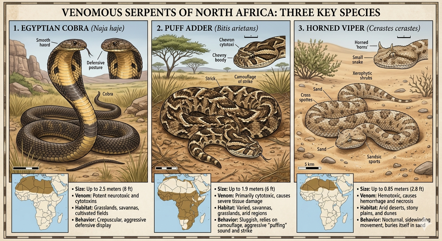 A three-panel infographic chart titled "VENOMOUS SERPENTS OF NORTH AFRICA: THREE KEY SPECIES" displaying detailed illustrations and text profiles for three snakes: Egyptian Cobra (Naja haje): Illustrated rearing up in a defensive posture with a flared hood showing dark markings. A side profile shows its smooth head. The background is a grassy landscape. A map highlights North Africa. Bullet points list: Size up to 2.5 meters (8 ft); Venom is potent neurotoxic and cytotoxins; Habitat includes grasslands, savannas, and cultivated fields; Behavior is crepuscular with an aggressive defensive display. Puff Adder (Bitis arietans): Illustrated coiled on dry grass in a savanna landscape with acacia trees. Labels point out chevron body markings and a camouflage pattern. A close-up highlights the head shape. A map highlights most of Sub-Saharan Africa and parts of North Africa. Bullet points list: Size up to 1.9 meters (6 ft); Venom is primarily cytotoxic causing severe tissue damage; Habitat is varied savannas, grasslands, and arid regions; Behavior is sluggish, relying on camouflage, with an aggressive "puffing" sound and strike. Horned Viper (Cerastes cerastes): Illustrated coiled on desert sand surrounded by sparse xerophytic shrubs. Labels point to its horned head and cross-spotted pattern. A close-up focuses on its distinctive eye horns. A map highlights the Sahara desert region of North Africa. Bullet points list: Size up to 0.85 meters (2.8 ft); Venom is hemotoxic, causing hemorrhage and necrosis; Habitat includes arid deserts, stony plains, and dunes; Behavior is nocturnal with sidewinding movement, often burying itself in sand.
